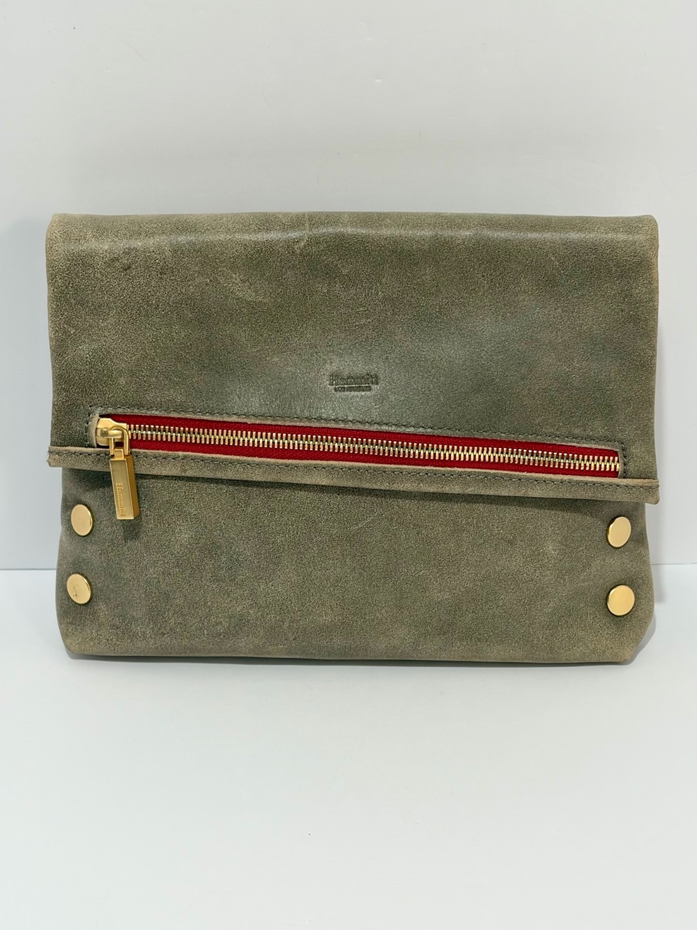 Hammitt VIP Medium Crossbody Bag In Pewter Leather With Brushed Gold/ Red Zip
